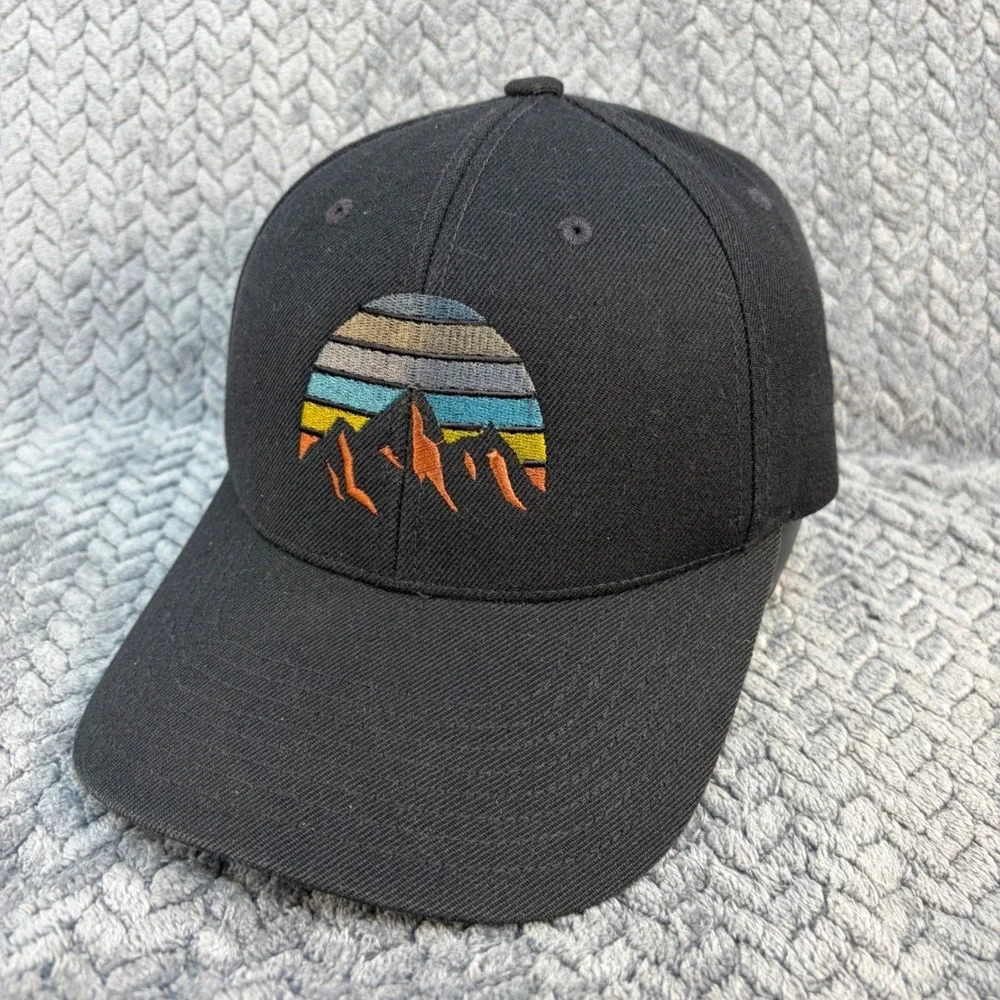 Mountain Sunset Embroidered Black Snapback Hat Baseball Cap Mens Adjustable